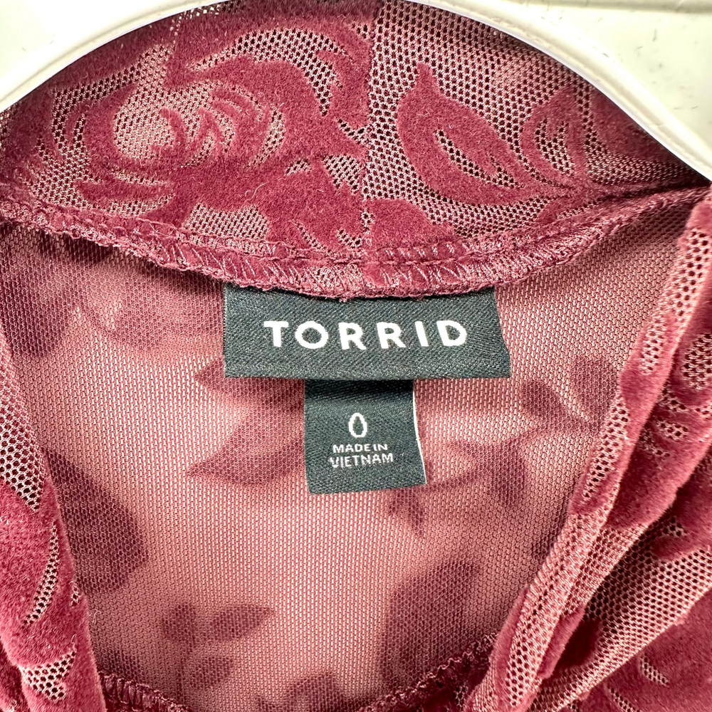 TORRID Burgundy FLORAL Mock Neck Long Sleeve SHEER Top WOMENS PLUS SIZE 0 12 14 - Picture 6 of 8